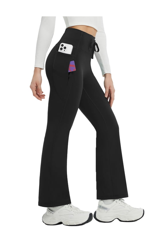 Women's Petite Fleece Lined Pants Winter Thermal Warm Yoga Flare Leggings 27" Snow Pants Black L