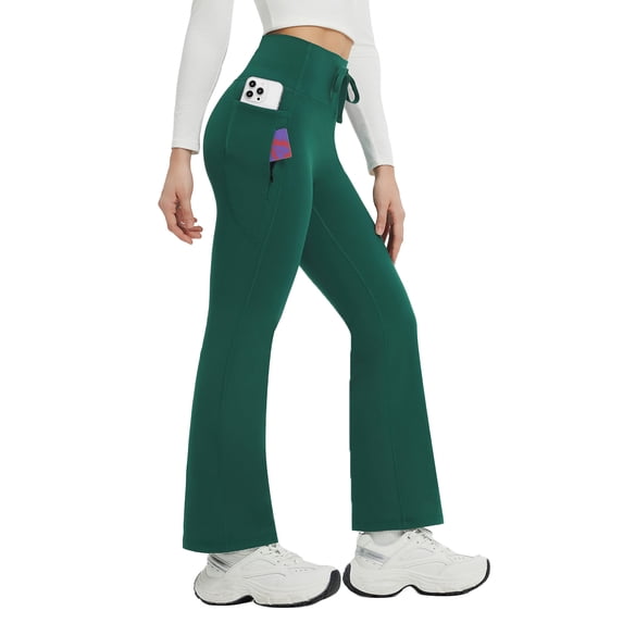 BALEAF Women's Petite Fleece Lined Pants Winter Thermal Warm Yoga Flare Leggings 27" Snow Pants Dark Green S