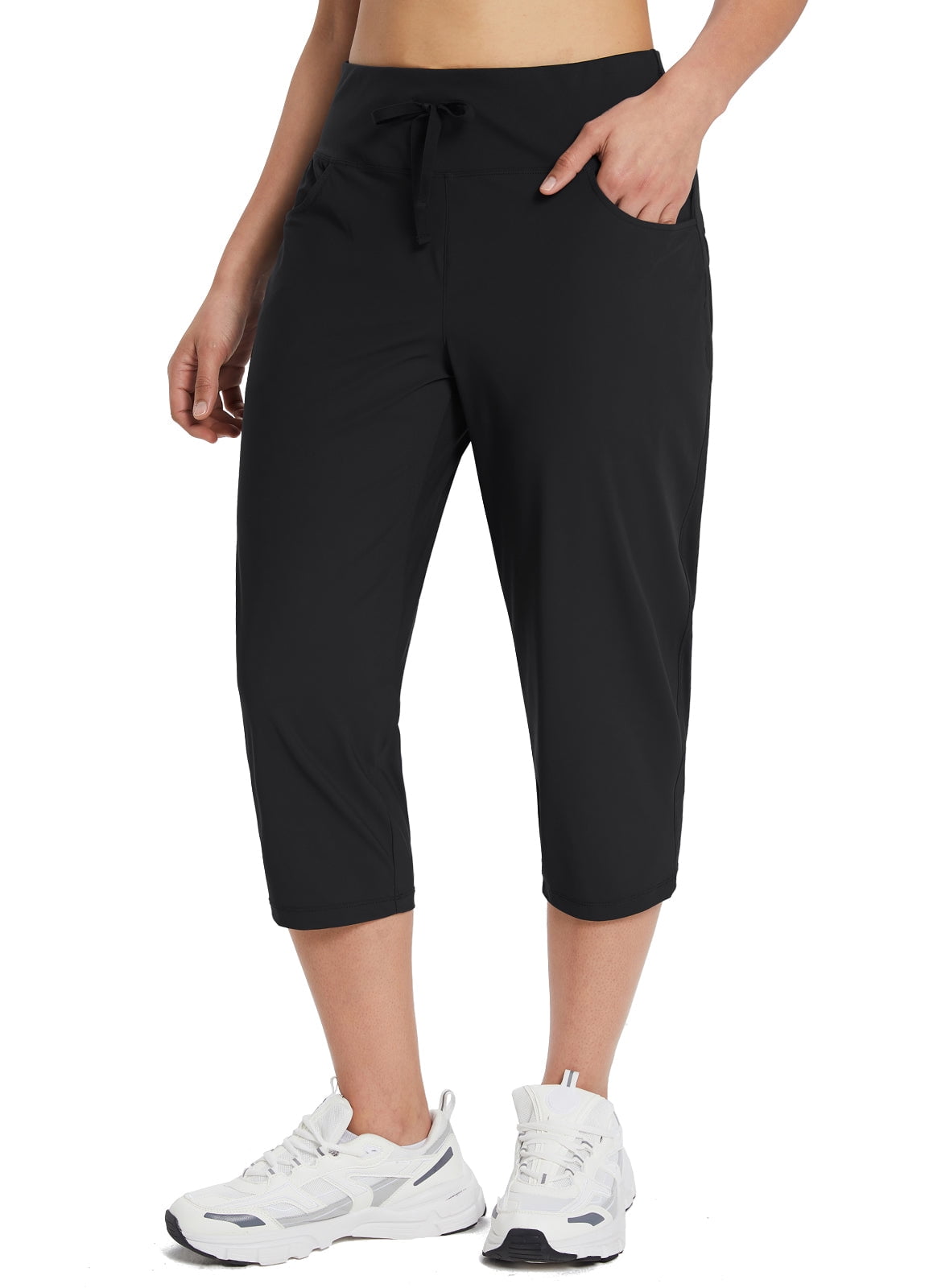 BALEAF Women's Plus Size Active Yoga Lounge Capri Walking Crop Pants with  Pockets Black L 