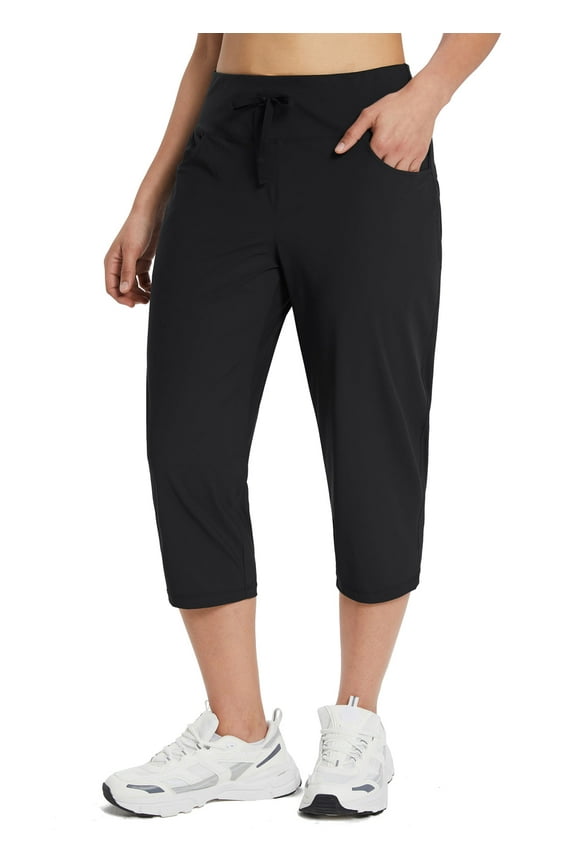 Women's Plus Size Active Yoga Lounge Capri Walking Crop Pants with Pockets Black L