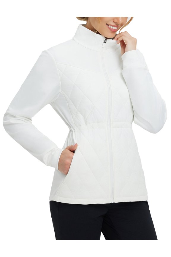 Women's Puffer Jackets Lightweight Winter Warm Stand Collar Water Resistant Golf Quilted Jacket 4 Pockets Star White XL