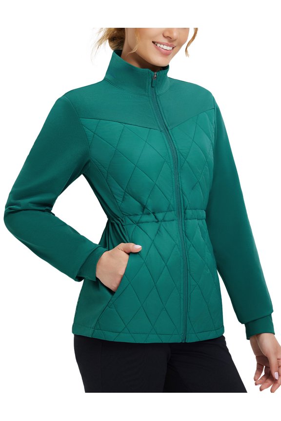 Women's Quilted Jackets Lightweight Winter Warm Stand Collar Water Resistant Golf Puffer Jacket 4 Pockets Green M