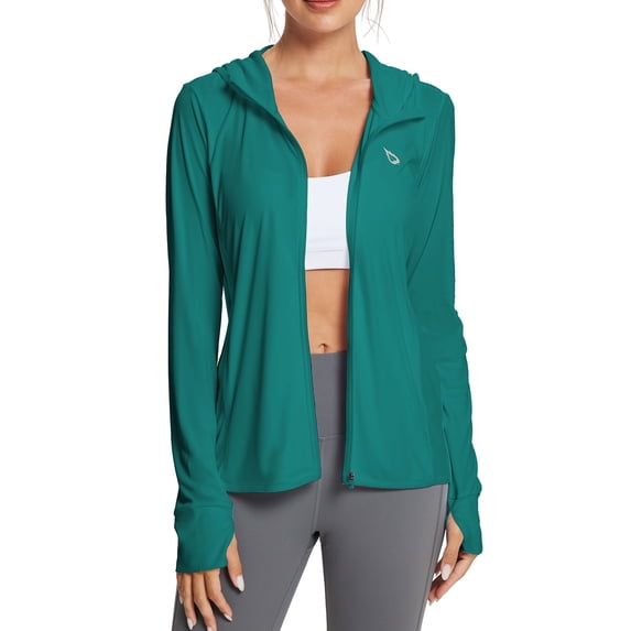 BALEAF Women's SPF Jacket Sun Shirt UV Protection Hoodie Zip Up Long Sleeve Hooded Summer Clothing Running Hiking Green XL