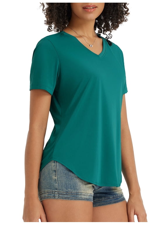Women's Short Sleeve Shirts UPF 50+ Sun Shirt V Neck UV Protection Workout Moisture Wicking Quick Dry Lightweight Green M