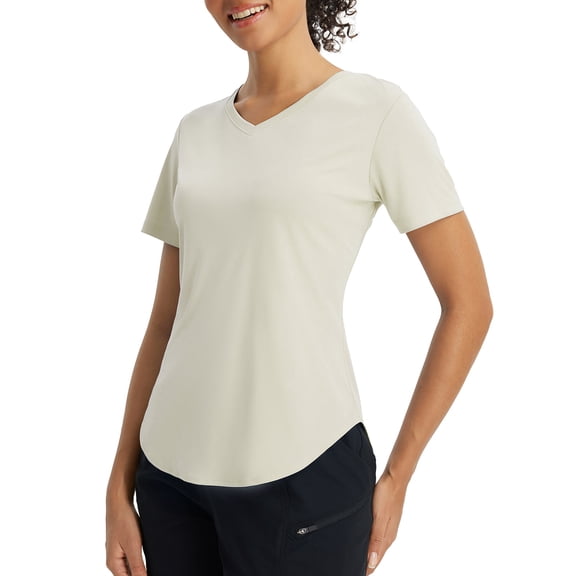 BALEAF Women's Short Sleeve Shirts UPF 50+ Sun Shirt V Neck UV Protection Workout Moisture Wicking Quick Dry Lightweight Light Brown 2XL
