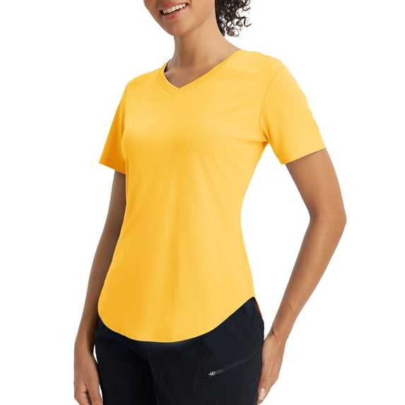 BALEAF Women's Short Sleeve Shirts UPF 50+ Sun Shirt V Neck UV Protection Workout Moisture Wicking Quick Dry Lightweight Yellow S
