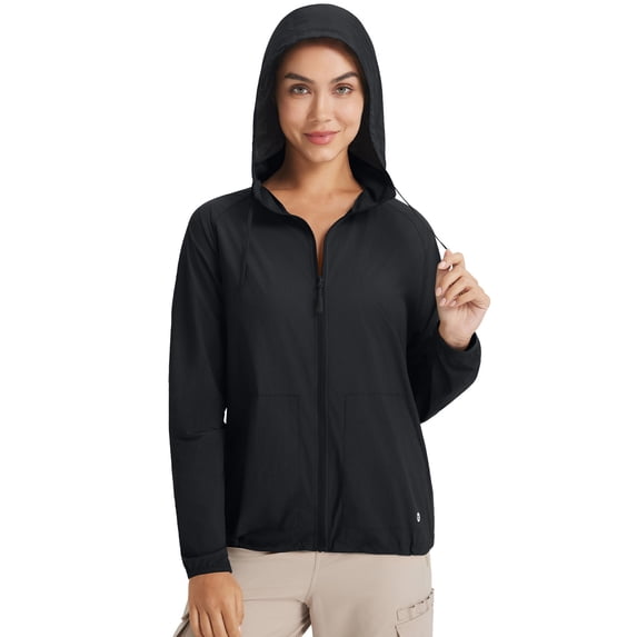 BALEAF Women's Sun Jackets No Insert Lightweight Hiking Hoodie UPF 50+ Workout Mosquito Clothes Long Sleeve UV with 2 Pockets Black L