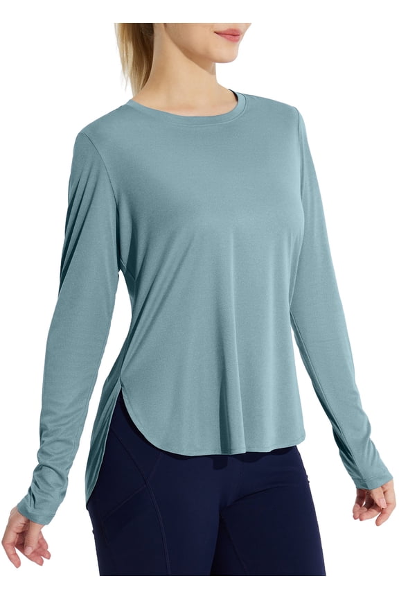 Women's Sun Shirts UPF 50+ Long Sleeve Hiking Tops Lightweight Quick Dry UV Protection Clothing Cationic Stone Blue L