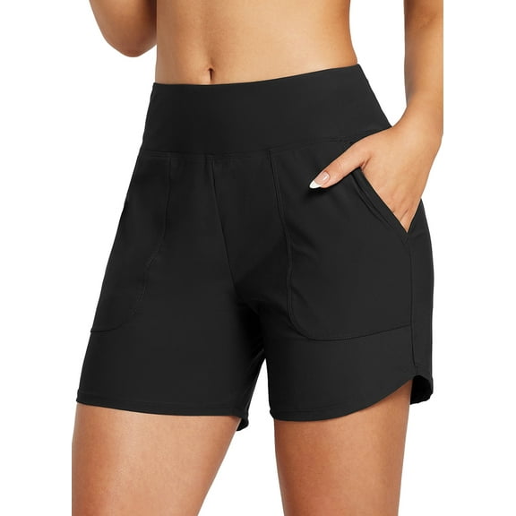 BALEAF Women's Swim Board Shorts 5 inch Swimming Bottoms High Waisted Tummy Control Swimsuits Beach Shorts with Liner Black L