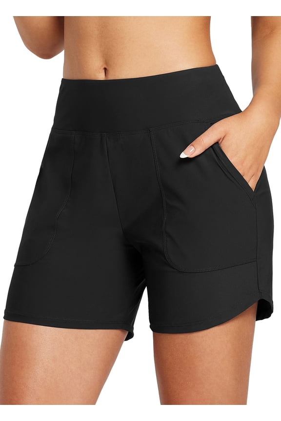 Women's Swim Board Shorts 5 inch Swimming Bottoms High Waisted Tummy Control Swimsuits Beach Shorts with Liner Black XS
