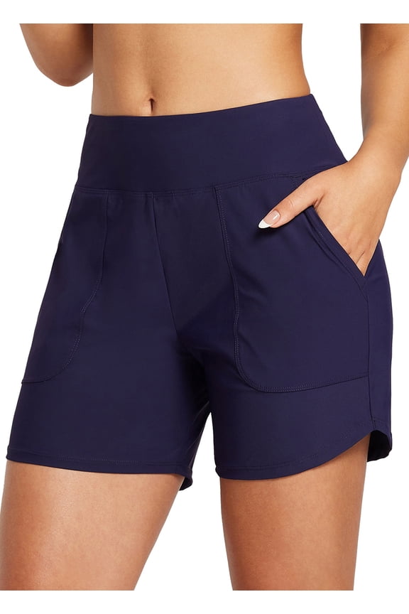 Women's Swim Board Shorts 5 inch Swimming Bottoms High Waisted Tummy Control Swimsuits Beach Shorts with Liner Dark Blue XS