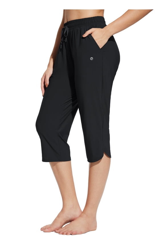 Women's Swim Capris Pants 18" Quick Dry Modest Swimsuits 2025 UPF50+ Beach Bathing Suit Bottoms with Pockets Lightweight Black L