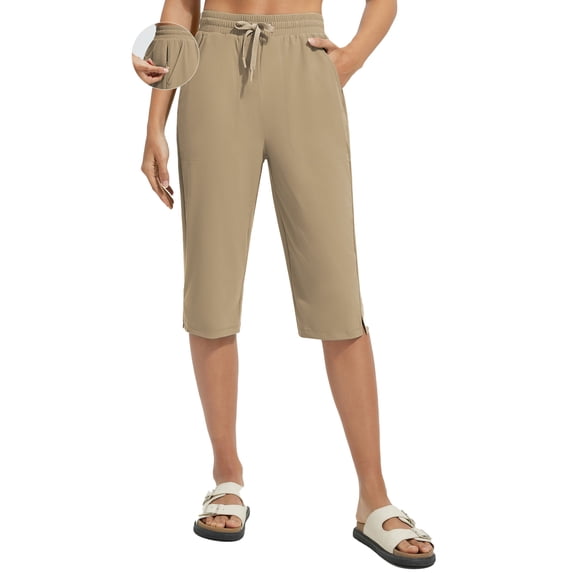 BALEAF Women's Swim Pants Quick Dry 15" Long Swim Capris UPF50+ Swimming Board Shorts with Liner and Pockets Brown XXL