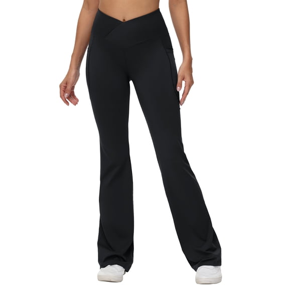 BALEAF Women's Tall Flare Leggings 34" Tummy Control Crossover High Waisted Long Bootcut Yoga Pants with Pockets Work Casual Black M