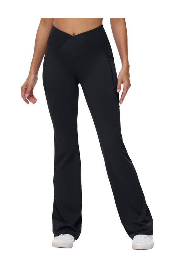 Women's Tall Flare Leggings 34" Tummy Control Crossover High Waisted Long Bootcut Yoga Pants with Pockets Work Casual Black M