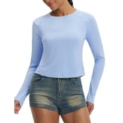 BALEAF Womens UPF 50+ Long Sleeve Sun Shirts Crop Rash Guard UV Workout Tops SPF Slim Fit Lightweight Athletic Hiking Light Blue L