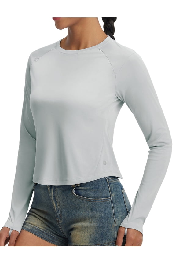 Women's UPF 50+ Long Sleeve Sun Shirts Crop Rash Guard UV Workout Tops SPF Slim Fit Lightweight Athletic Hiking Light Gray L
