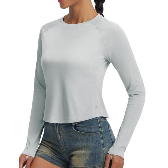BALEAF Women's UPF 50+ Long Sleeve Sun Shirts Crop Rash Guard UV Workout Tops SPF Slim Fit Lightweight Athletic Hiking Light Gray XS