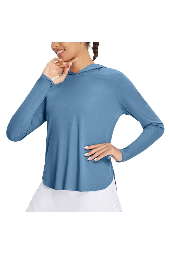 Women's UPF 50+ Sun Shirt with Hood SPF Long Sleeve UV Protection Clothing Hiking Fishing Outdoor Lightweight Heather Light Blue XS