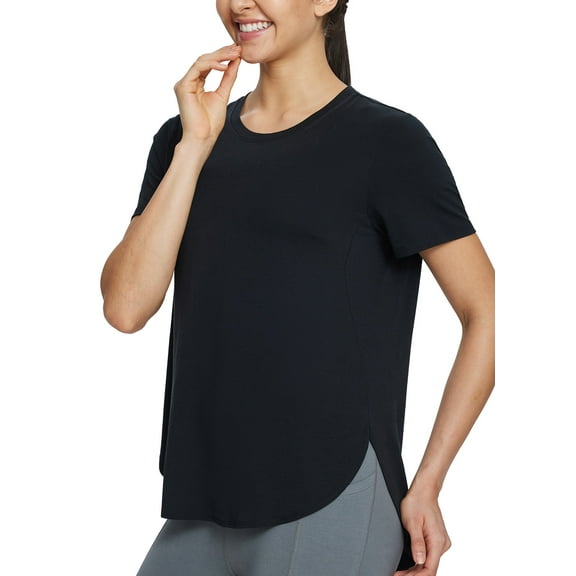 BALEAF Women's Workout Shirts Yoga Work Out Tops Short Sleeve Athletic Running Gym Exercise Loose Fit Clothes Black L