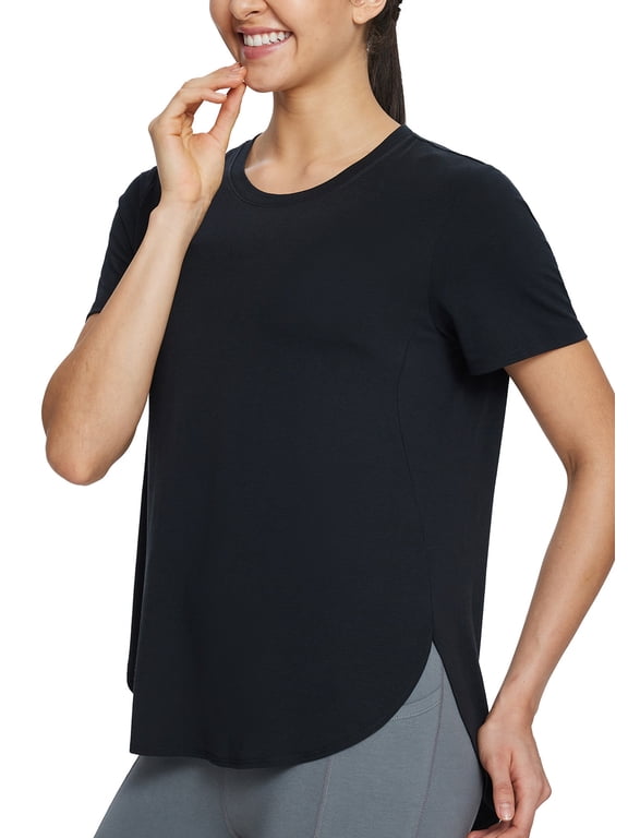 Women's Workout Shirts Yoga Work Out Tops Short Sleeve Athletic Running Gym Exercise Loose Fit Clothes Black L