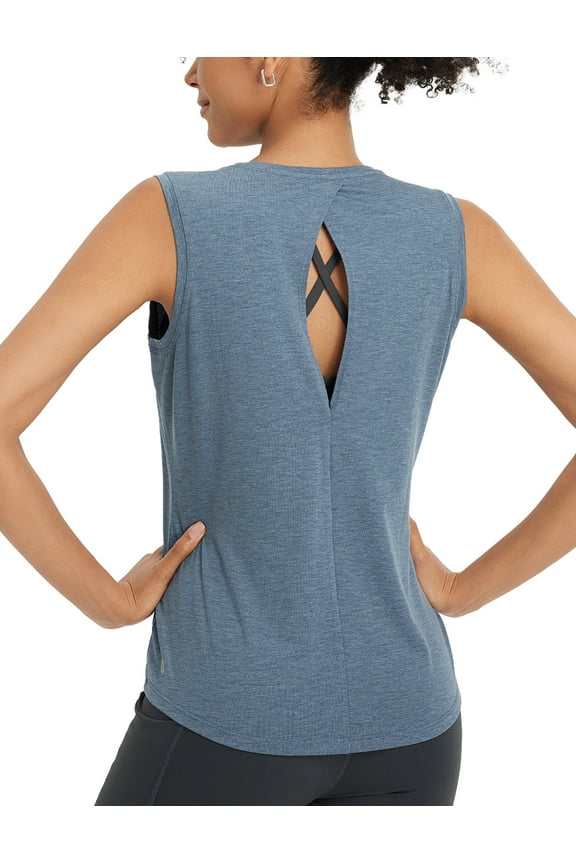 Women's Workout Tank Tops Racerback Open Back Top Sleeveless Running Yoga Shirts Loose Fit Athletic Gym Sports Heather Blue M