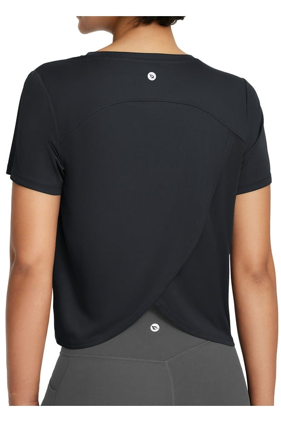 Women's Workout Tops Athletic Shirts Cropped Short Sleeve Split Back Running Gym Quick Dry Sun Protection UPF 50+ Black XL