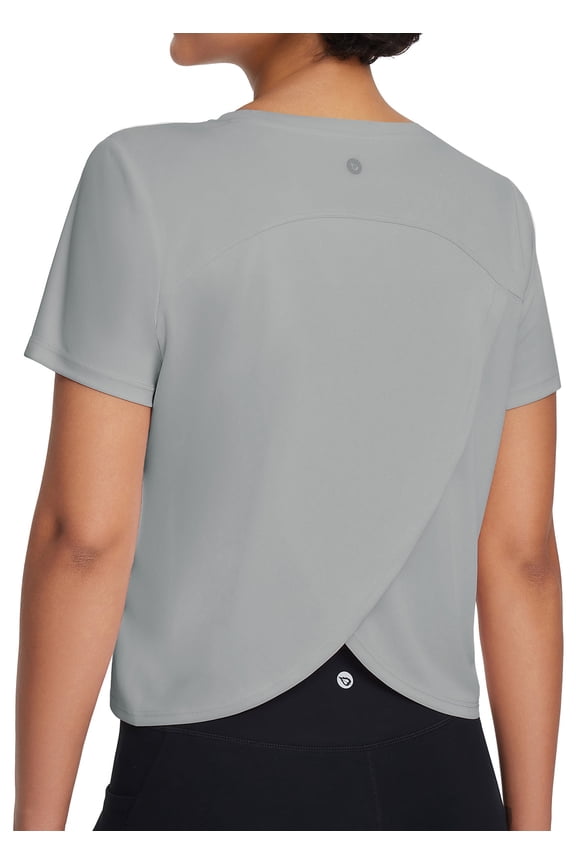 Women's Workout Tops Athletic Shirts Cropped Short Sleeve Split Back Running Gym Quick Dry Sun Protection UPF 50+ Gray S