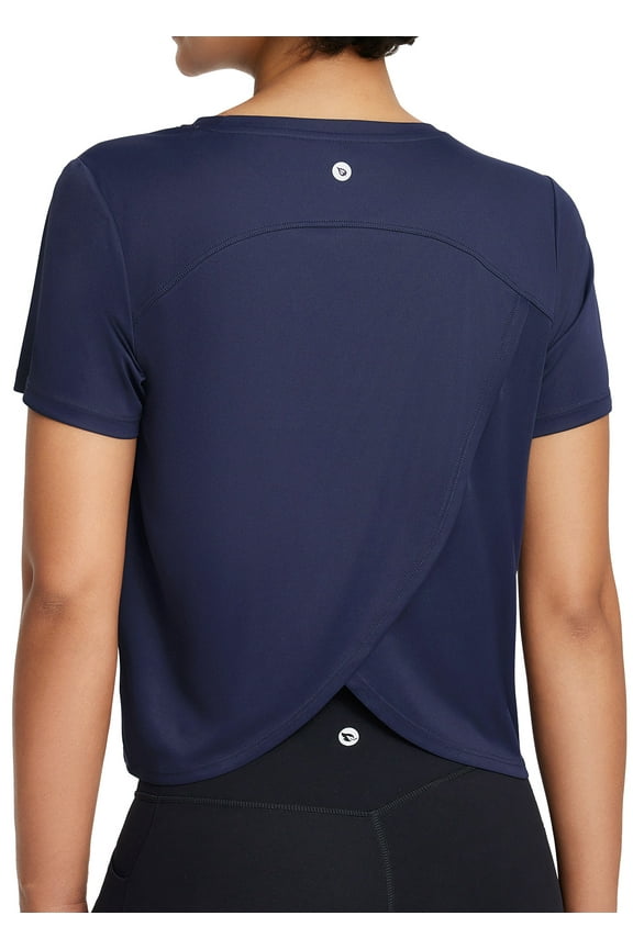 Women's Workout Tops Athletic Shirts Cropped Short Sleeve Split Back Running Gym Quick Dry Sun Protection UPF 50+ Navy Blue M