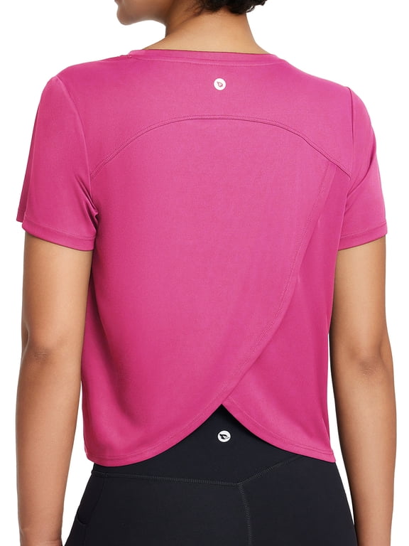 Women's Workout Tops Athletic Shirts Cropped Short Sleeve Split Back Running Gym Quick Dry Sun Protection UPF 50+ Rose Red 2XL