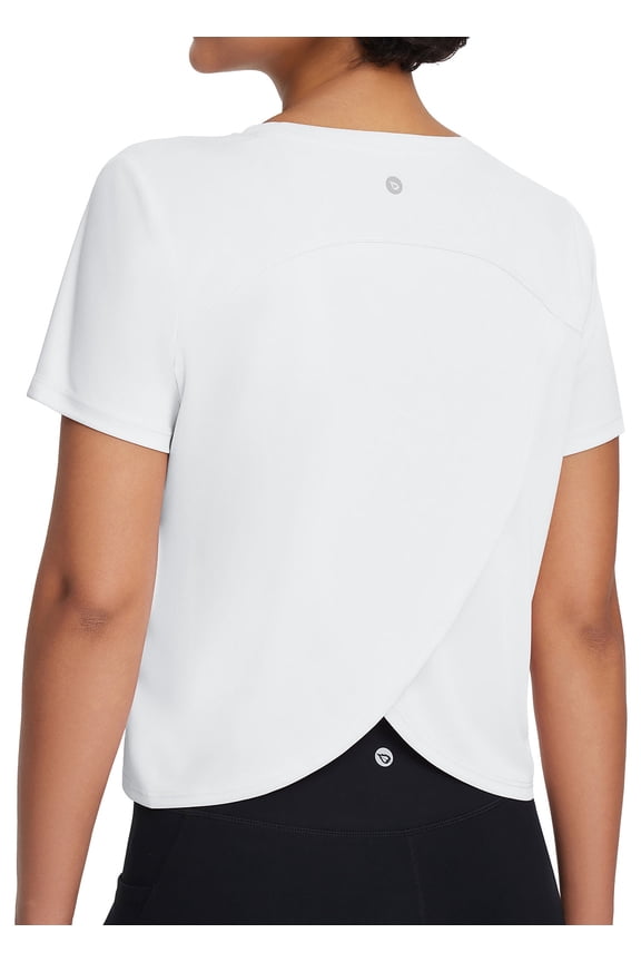 Women's Workout Tops Athletic Shirts Cropped Short Sleeve Split Back Running Gym Quick Dry Sun Protection UPF 50+ White 2XL