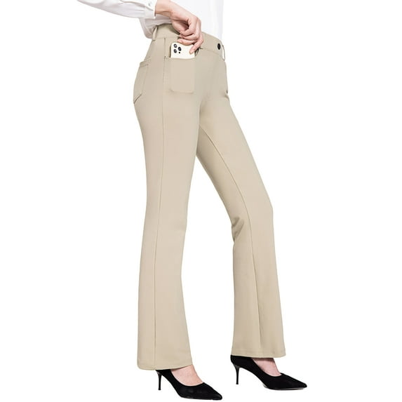 BALEAF Women's Yoga Dress Pants Bootcut Stretchy Work Slacks Business Casual Pull on Trousers with Pockets 29" Beige S
