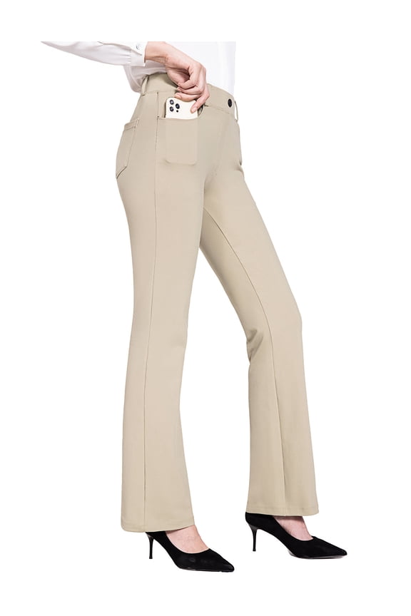 Women's Yoga Dress Pants Bootcut Stretchy Work Slacks Business Casual Pull on Trousers with Pockets 31" Beige XL