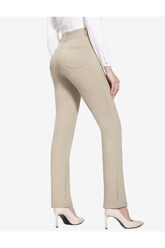 Women's Yoga Dress Pants Stretchy Work Slacks Business Casual Pull on Trousers with Pockets Petite 29" Khaki M