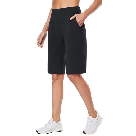 BALEAF Womens 12" Long Bermuda Shorts Knee Length Cotton Athletic Shorts Sweat Casual Lounge Walking Summer Black L