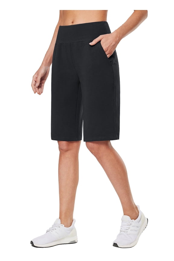 Womens 12" Long Bermuda Shorts Knee Length Cotton Athletic Shorts Sweat Casual Lounge Walking Summer Black L