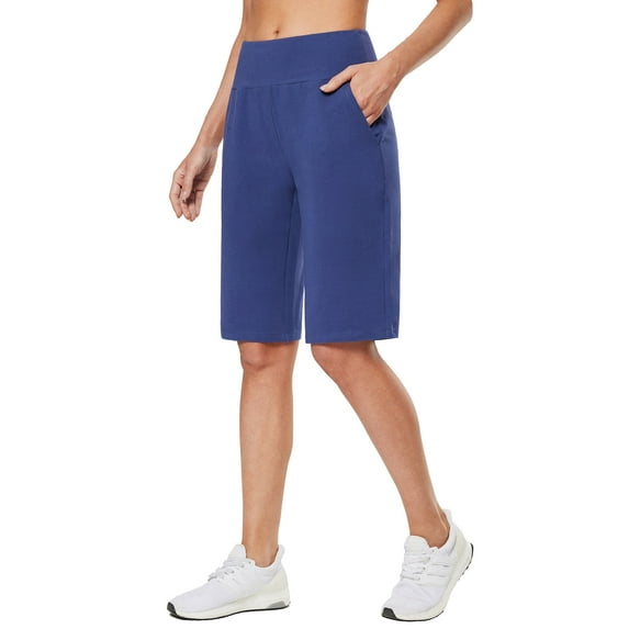 BALEAF Womens 12" Long Shorts Knee Length Cotton Bermuda Athletic Shorts Sweat Casual Lounge Walking Summer Blue XL