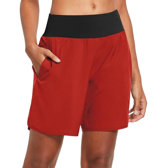 BALEAF Womens' 7 Inches Long Running Shorts Back Zipper Pocketed Athletic Active Exercise Shorts with Liner Red Size XS