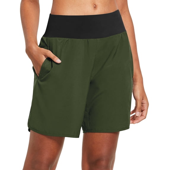 BALEAF Womens' 7 Inches Running Short Tummy Control Back Zipper Pocketed Active Gym Shorts with Liner Army Green Size XXL
