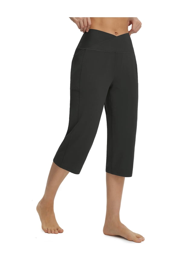 Womens Capri Pants with Pockets High Waisted Yoga Capri Leggings 18” Cropped Pants Workout Straight Leg Casual Summer Black M