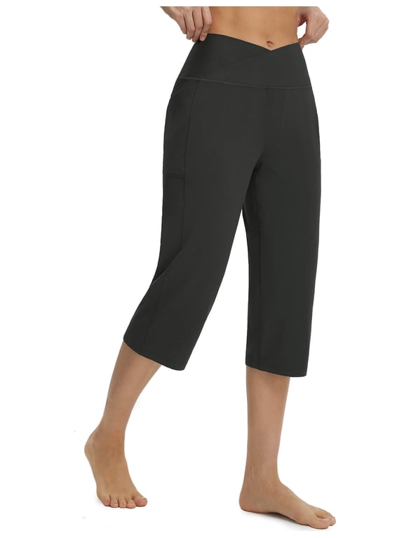 Womens Capri Pants with Pockets High Waisted Yoga Capri Leggings 18” Cropped Pants Workout Straight Leg Casual Summer Black M