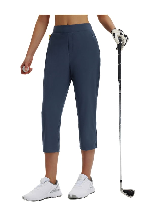 Womens Capris Pants Stretch Golf Work Travel Casual Lightweight High Waisted Cropped Pants with Pockets Navy Blue L