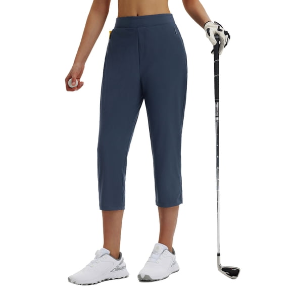 BALEAF Womens Capris Pants Stretch Golf Work Travel Casual Lightweight High Waisted Cropped Pants with Pockets Navy Blue L