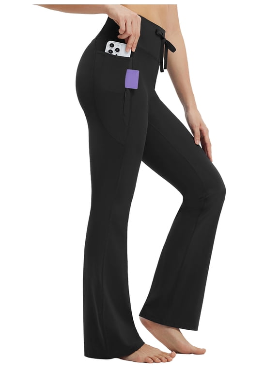 Womens Flare Yoga Pants with Pockets Drawstring Flared Leggings Tummy Control High Waist Bell Bottom Black L
