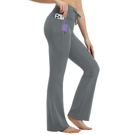 BALEAF Womens Flare Yoga Pants with Pockets Drawstring Flared Leggings Tummy Control High Waist Bell Bottom Dark Gray XS