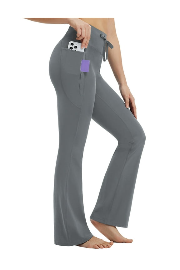Womens Flare Yoga Pants with Pockets Drawstring Flared Leggings Tummy Control High Waist Bell Bottom Dark Gray XS