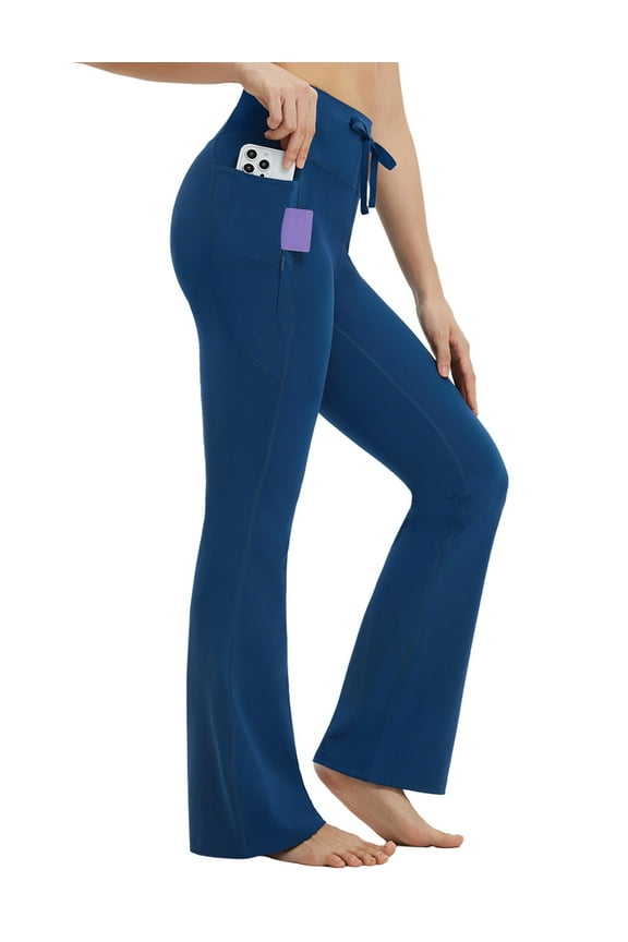 Womens Flare Yoga Pants with Pockets Drawstring Flared Leggings Tummy Control High Waist Bell Bottom Navy Blue M