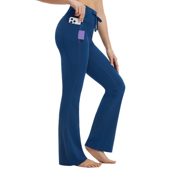 BALEAF Womens Flare Yoga Pants with Pockets Drawstring Flared Leggings Tummy Control High Waist Bell Bottom Navy Blue XS