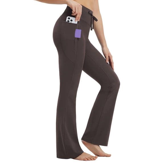 BALEAF Womens Flare Yoga Pants with Pockets Drawstring Flared Leggings Tummy Control High Waist Bell Bottom Seal Brown XS