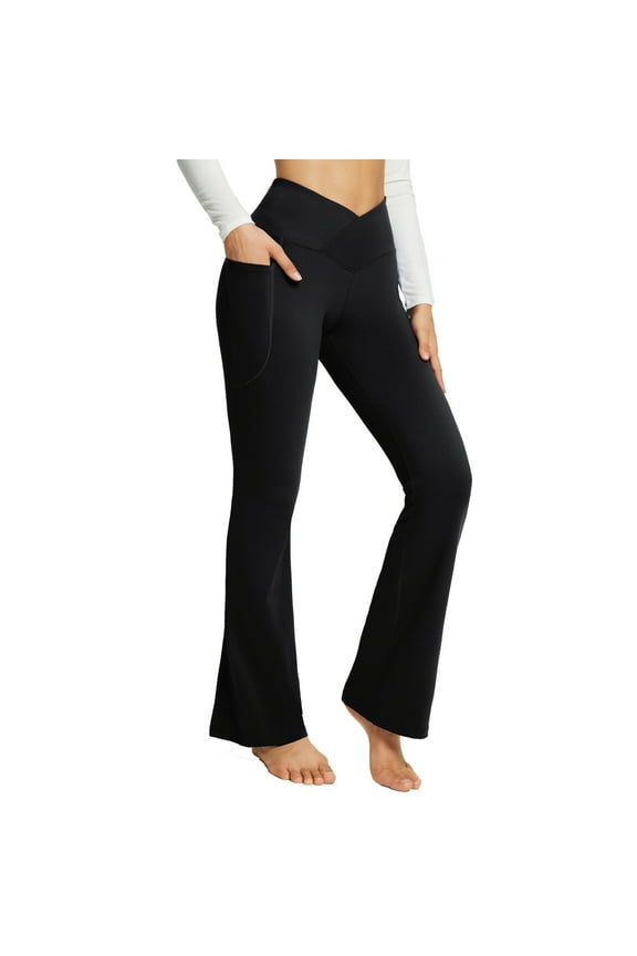 Womens Pants Flare Leggings Bootcut Yoga Pants Crossover High Waist Workout Casual Trendy Pants with Pockets Black 29" 3XL
